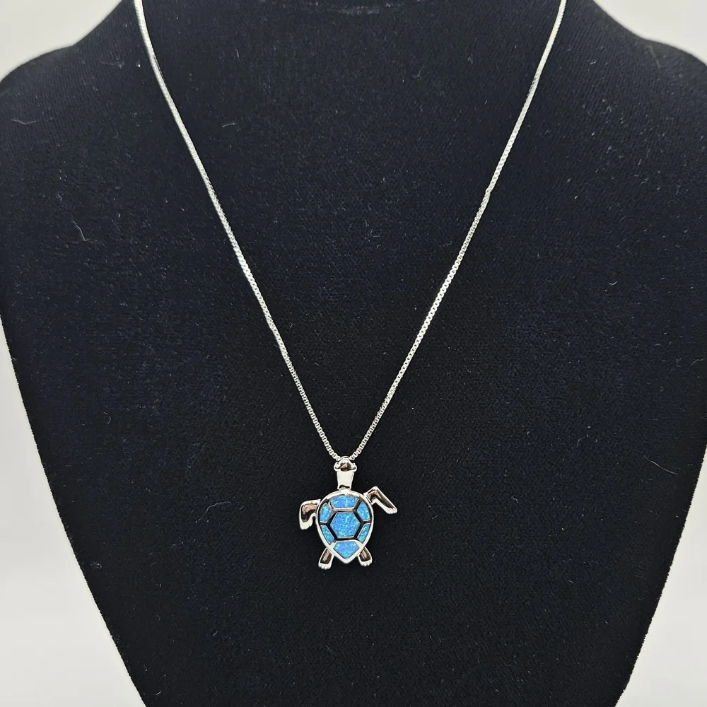 Blue Opal Turtle Pendant Necklace 925 Silver - Picture 9 of 15